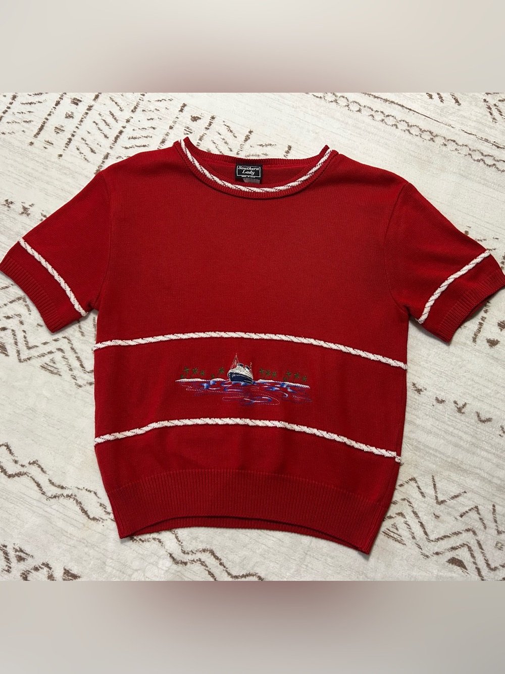 Vintage Southern Lady Nautical Sweater Top Red Boat Embroidered USA S Preppy - Picture 2 of 6